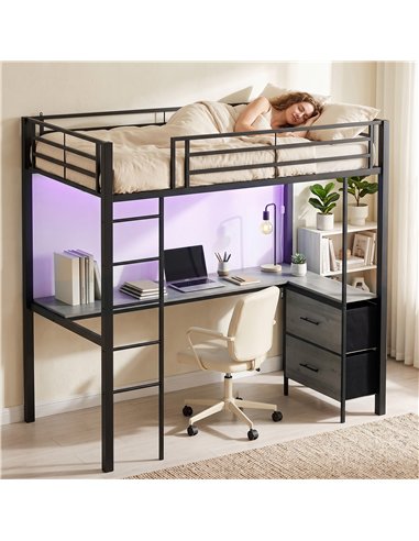 HOMCOM Metal Bunk Bed with Desk, High Sleeper Bed with LED Light and Safety Guardrail for Teens Adults, No Box Spring Needed