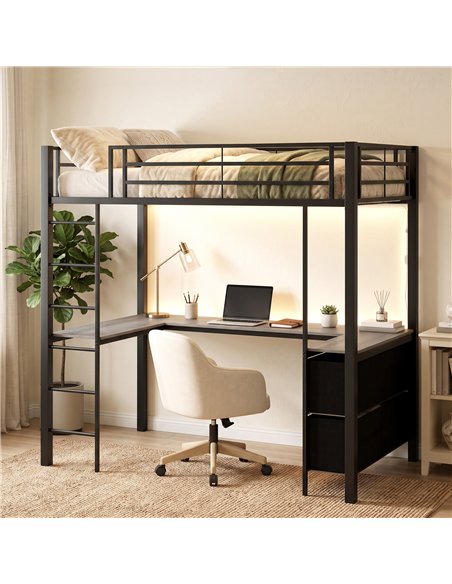 HOMCOM Metal Bunk Bed with Desk, High Sleeper Bed with LED Light and Safety Guardrail for Teens Adults, No Box Spring Needed - pic 207557 | FastDaddyshop