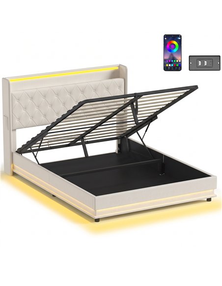 HOMCOM 5ft King Bed Frame with Headboard, Platform Bed Frame with Hydraulic Storage, LED Lights and Charging Station, White - pic 207558 | FastDaddyshop