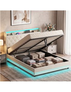 HOMCOM 5ft King Bed Frame with Headboard, Platform Bed Frame with Hydraulic Storage, LED Lights and Charging Station, White 2