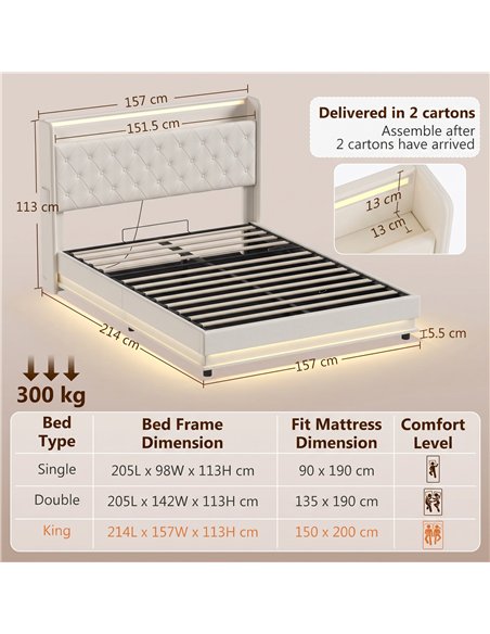 HOMCOM 5ft King Bed Frame with Headboard, Platform Bed Frame with Hydraulic Storage, LED Lights and Charging Station, White - pic 207560 | FastDaddyshop