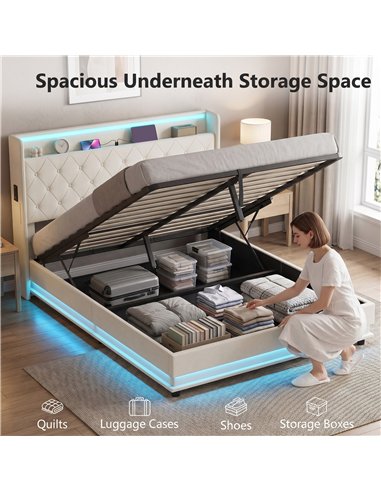 HOMCOM 5ft King Bed Frame with Headboard, Platform Bed Frame with Hydraulic Storage, LED Lights and Charging Station, White