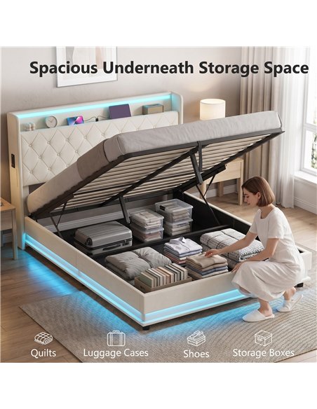 HOMCOM 5ft King Bed Frame with Headboard, Platform Bed Frame with Hydraulic Storage, LED Lights and Charging Station, White - pic 207561 | FastDaddyshop