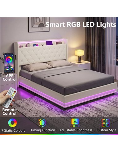 HOMCOM 5ft King Bed Frame with Headboard, Platform Bed Frame with Hydraulic Storage, LED Lights and Charging Station, White