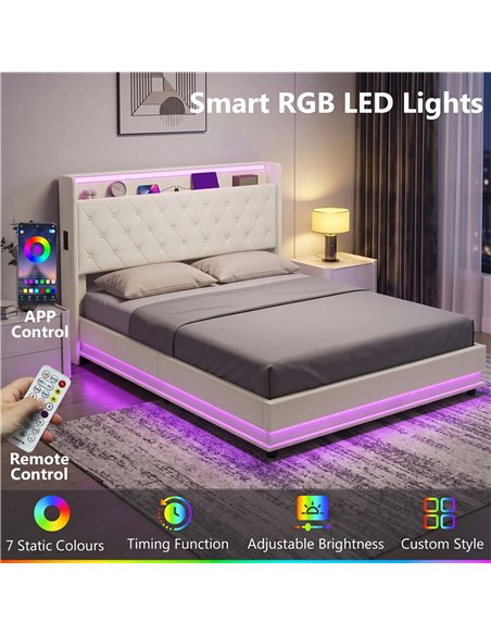 HOMCOM 5ft King Bed Frame with Headboard, Platform Bed Frame with Hydraulic Storage, LED Lights and Charging Station, White - pic 207562 | FastDaddyshop