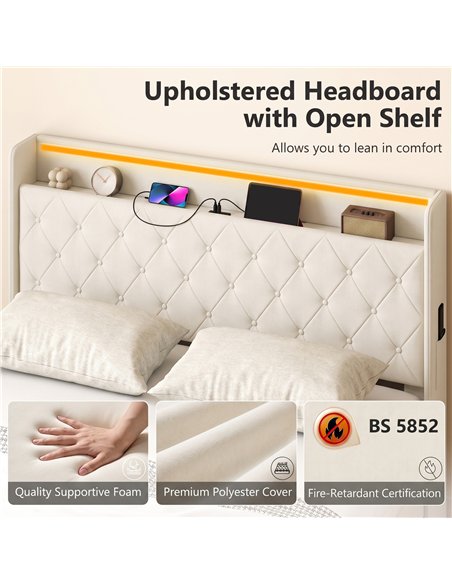 HOMCOM 5ft King Bed Frame with Headboard, Platform Bed Frame with Hydraulic Storage, LED Lights and Charging Station, White - pic 207564 | FastDaddyshop