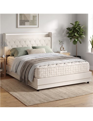 HOMCOM 5ft King Bed Frame with Headboard, Platform Bed Frame with Hydraulic Storage, LED Lights and Charging Station, White