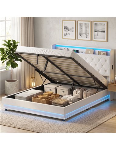 HOMCOM 5ft King Bed Frame with Headboard, Platform Bed Frame with Hydraulic Storage, LED Lights and Charging Station, White