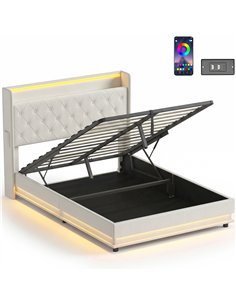 HOMCOM 4ft6 Double Bed Frame with Headboard, Platform Bed Frame with Hydraulic Storage, LED Lights and Charging Station, Cream