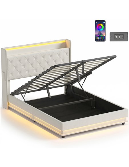 HOMCOM 4ft6 Double Bed Frame with Headboard, Platform Bed Frame with Hydraulic Storage, LED Lights and Charging Station, Cream - pic 207567 | FastDaddyshop