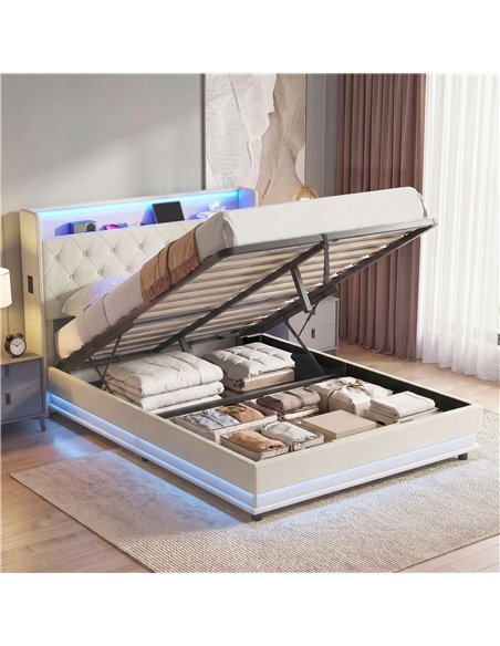 HOMCOM 4ft6 Double Bed Frame with Headboard, Platform Bed Frame with Hydraulic Storage, LED Lights and Charging Station, Cream - pic 207568 | FastDaddyshop