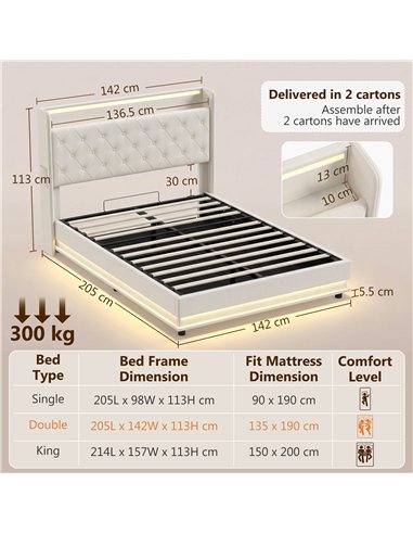 HOMCOM 4ft6 Double Bed Frame with Headboard, Platform Bed Frame with Hydraulic Storage, LED Lights and Charging Station, Cream