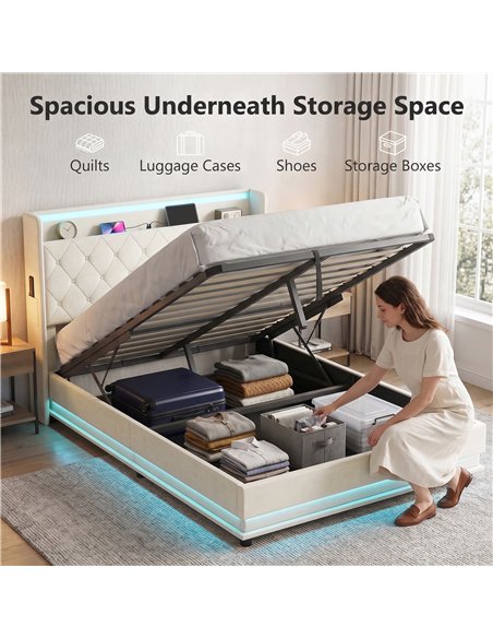 HOMCOM 4ft6 Double Bed Frame with Headboard, Platform Bed Frame with Hydraulic Storage, LED Lights and Charging Station, Cream - pic 207570 | FastDaddyshop