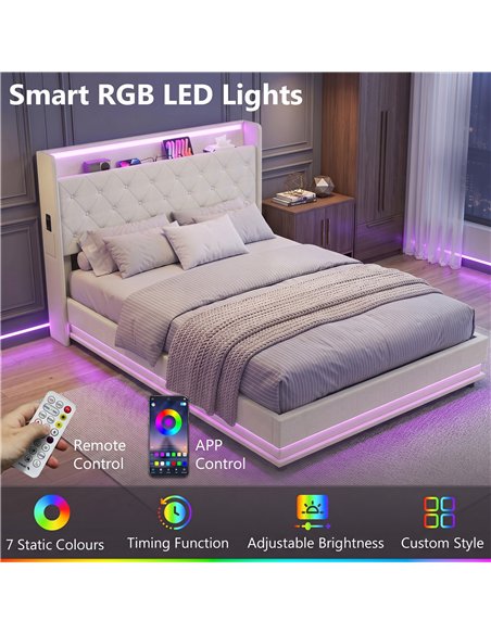 HOMCOM 4ft6 Double Bed Frame with Headboard, Platform Bed Frame with Hydraulic Storage, LED Lights and Charging Station, Cream - pic 207571 | FastDaddyshop