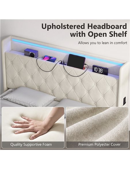 HOMCOM 4ft6 Double Bed Frame with Headboard, Platform Bed Frame with Hydraulic Storage, LED Lights and Charging Station, Cream - pic 207573 | FastDaddyshop