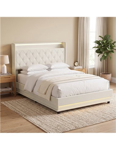 HOMCOM 4ft6 Double Bed Frame with Headboard, Platform Bed Frame with Hydraulic Storage, LED Lights and Charging Station, Cream