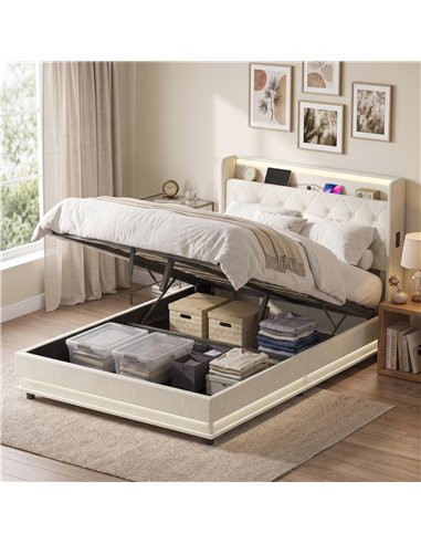 HOMCOM 4ft6 Double Bed Frame with Headboard, Platform Bed Frame with Hydraulic Storage, LED Lights and Charging Station, Cream