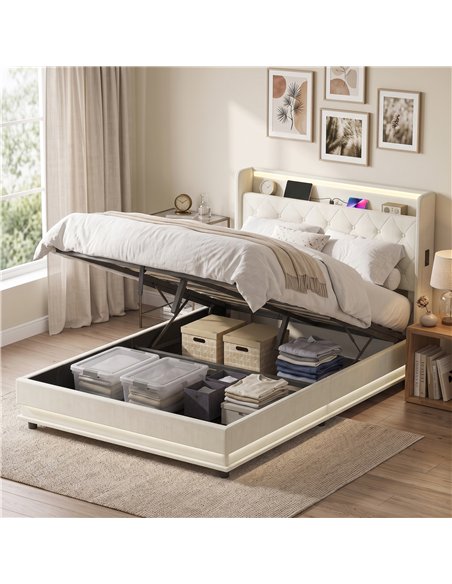 HOMCOM 4ft6 Double Bed Frame with Headboard, Platform Bed Frame with Hydraulic Storage, LED Lights and Charging Station, Cream - pic 207575 | FastDaddyshop