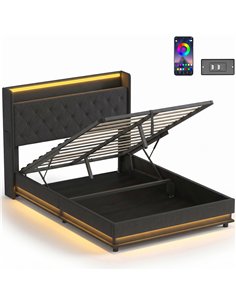 HOMCOM 4ft6 Double Bed Frame with Headboard, Platform Bed Frame with Hydraulic Storage, LED Lights and Charging Station, Black