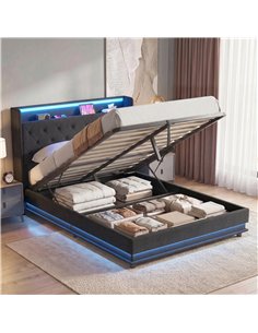 HOMCOM 4ft6 Double Bed Frame with Headboard, Platform Bed Frame with Hydraulic Storage, LED Lights and Charging Station, Black 2
