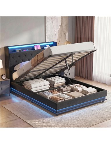 HOMCOM 4ft6 Double Bed Frame with Headboard, Platform Bed Frame with Hydraulic Storage, LED Lights and Charging Station, Black