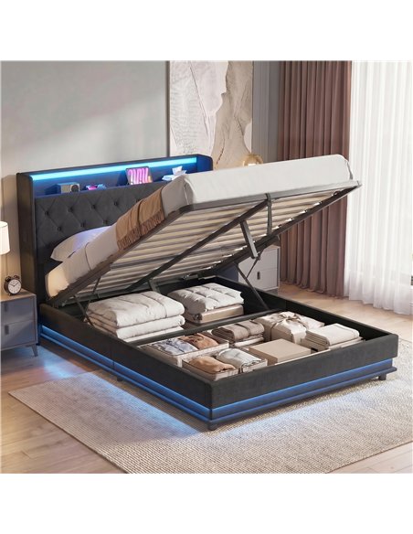 HOMCOM 4ft6 Double Bed Frame with Headboard, Platform Bed Frame with Hydraulic Storage, LED Lights and Charging Station, Black - pic 207577 | FastDaddyshop