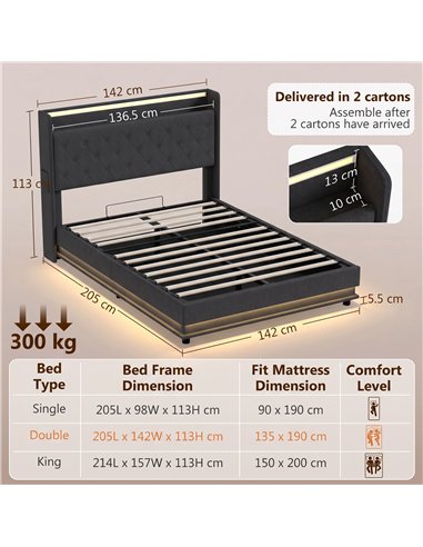HOMCOM 4ft6 Double Bed Frame with Headboard, Platform Bed Frame with Hydraulic Storage, LED Lights and Charging Station, Black