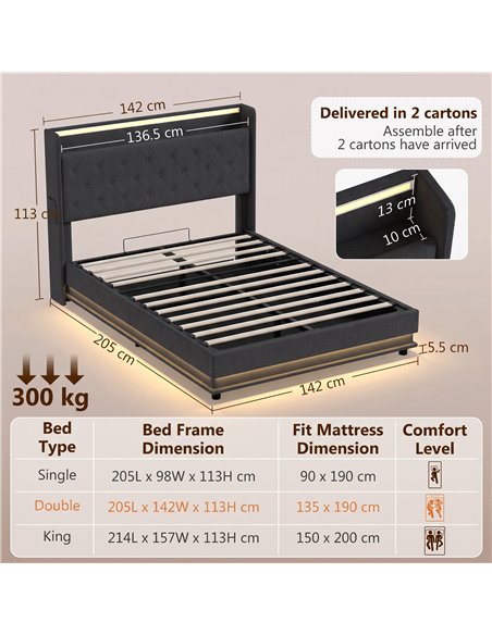 HOMCOM 4ft6 Double Bed Frame with Headboard, Platform Bed Frame with Hydraulic Storage, LED Lights and Charging Station, Black - pic 207578 | FastDaddyshop