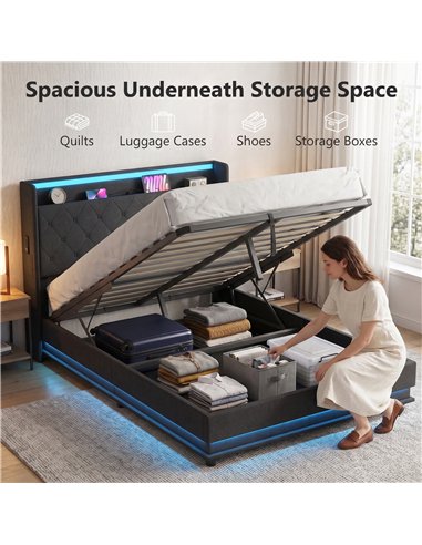 HOMCOM 4ft6 Double Bed Frame with Headboard, Platform Bed Frame with Hydraulic Storage, LED Lights and Charging Station, Black