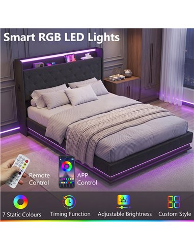 HOMCOM 4ft6 Double Bed Frame with Headboard, Platform Bed Frame with Hydraulic Storage, LED Lights and Charging Station, Black