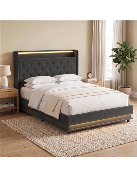HOMCOM 4ft6 Double Bed Frame with Headboard, Platform Bed Frame with Hydraulic Storage, LED Lights and Charging Station, Black - pic 207583 | FastDaddyshop