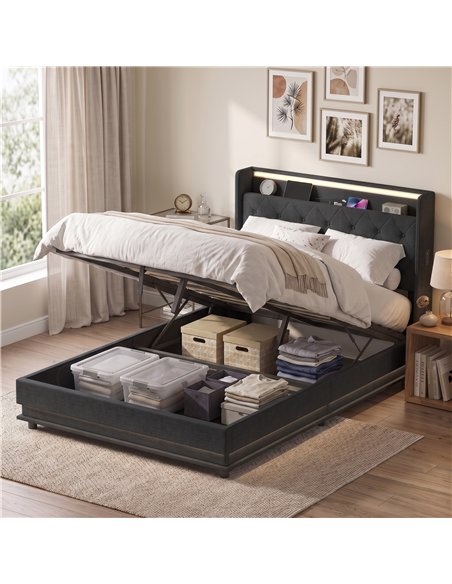 HOMCOM 4ft6 Double Bed Frame with Headboard, Platform Bed Frame with Hydraulic Storage, LED Lights and Charging Station, Black - pic 207584 | FastDaddyshop