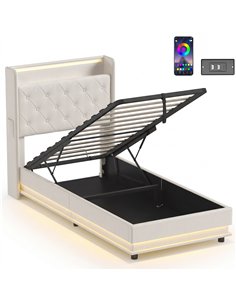 HOMCOM 3ft Single Bed Frame with Headboard, Platform Bed Frame with Hydraulic Storage, LED Lights and Charging Station, White