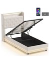 HOMCOM 3ft Single Bed Frame with Headboard, Platform Bed Frame with Hydraulic Storage, LED Lights and Charging Station, White