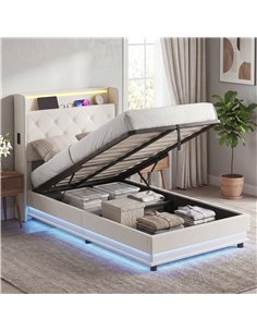HOMCOM 3ft Single Bed Frame with Headboard, Platform Bed Frame with Hydraulic Storage, LED Lights and Charging Station, White 2