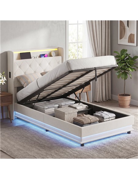 HOMCOM 3ft Single Bed Frame with Headboard, Platform Bed Frame with Hydraulic Storage, LED Lights and Charging Station, White - pic 207586 | FastDaddyshop