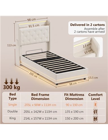 HOMCOM 3ft Single Bed Frame with Headboard, Platform Bed Frame with Hydraulic Storage, LED Lights and Charging Station, White