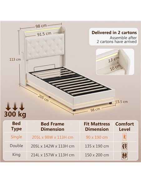 HOMCOM 3ft Single Bed Frame with Headboard, Platform Bed Frame with Hydraulic Storage, LED Lights and Charging Station, White - pic 207587 | FastDaddyshop