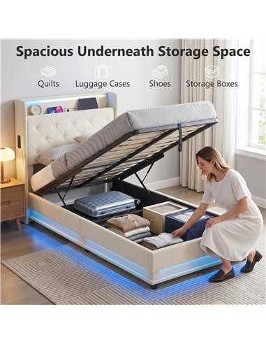HOMCOM 3ft Single Bed Frame with Headboard, Platform Bed Frame with Hydraulic Storage, LED Lights and Charging Station, White