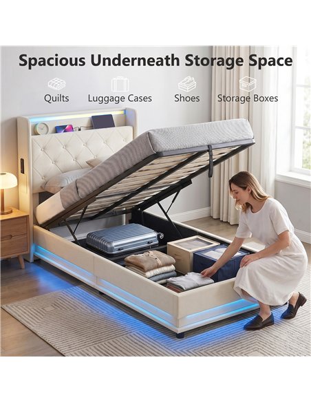 HOMCOM 3ft Single Bed Frame with Headboard, Platform Bed Frame with Hydraulic Storage, LED Lights and Charging Station, White - pic 207588 | FastDaddyshop