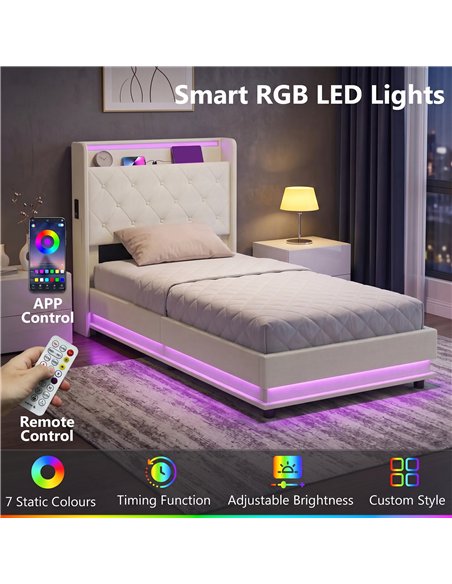 HOMCOM 3ft Single Bed Frame with Headboard, Platform Bed Frame with Hydraulic Storage, LED Lights and Charging Station, White - pic 207589 | FastDaddyshop