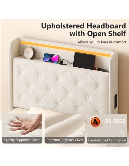 HOMCOM 3ft Single Bed Frame with Headboard, Platform Bed Frame with Hydraulic Storage, LED Lights and Charging Station, White - pic 207591 | FastDaddyshop