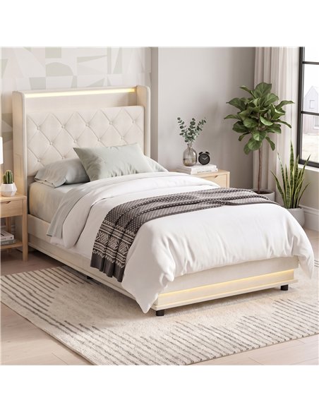 HOMCOM 3ft Single Bed Frame with Headboard, Platform Bed Frame with Hydraulic Storage, LED Lights and Charging Station, White - pic 207592 | FastDaddyshop