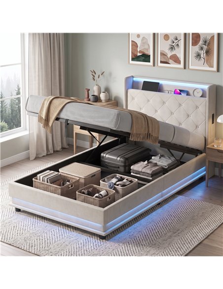 HOMCOM 3ft Single Bed Frame with Headboard, Platform Bed Frame with Hydraulic Storage, LED Lights and Charging Station, White - pic 207593 | FastDaddyshop