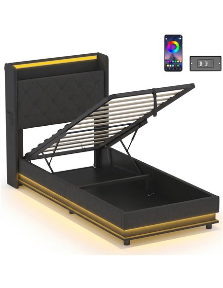 HOMCOM 3ft Single Bed Frame with Headboard, Platform Bed Frame with Hydraulic Storage, LED Lights and Charging Station, Black - pic 207594 | FastDaddyshop