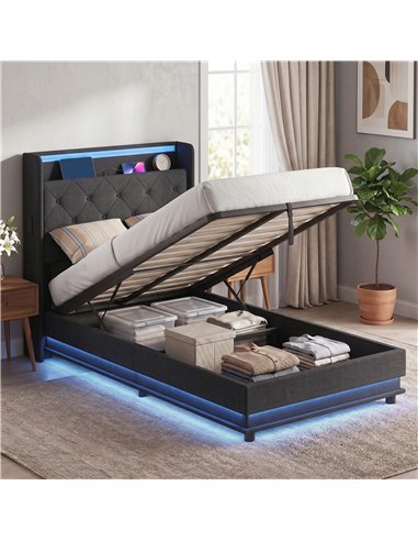 HOMCOM 3ft Single Bed Frame with Headboard, Platform Bed Frame with Hydraulic Storage, LED Lights and Charging Station, Black