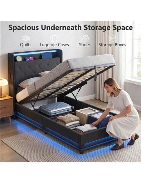 HOMCOM 3ft Single Bed Frame with Headboard, Platform Bed Frame with Hydraulic Storage, LED Lights and Charging Station, Black - pic 207597 | FastDaddyshop