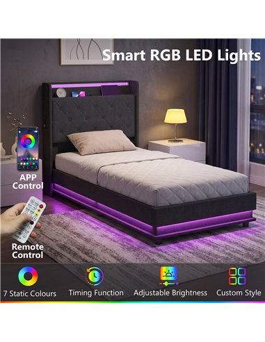 HOMCOM 3ft Single Bed Frame with Headboard, Platform Bed Frame with Hydraulic Storage, LED Lights and Charging Station, Black