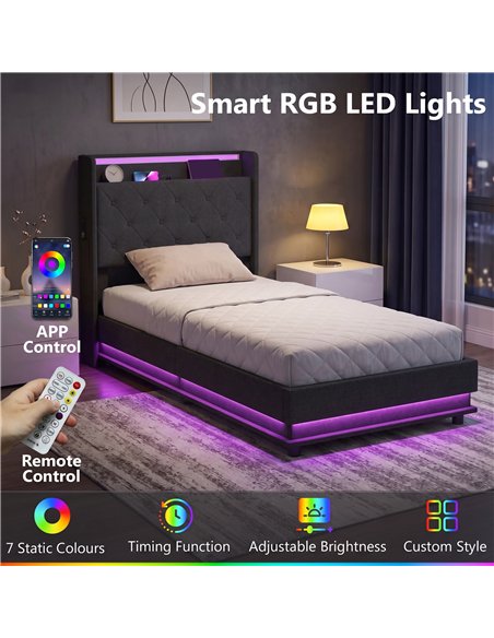 HOMCOM 3ft Single Bed Frame with Headboard, Platform Bed Frame with Hydraulic Storage, LED Lights and Charging Station, Black - pic 207598 | FastDaddyshop