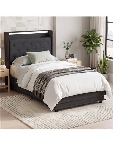 HOMCOM 3ft Single Bed Frame with Headboard, Platform Bed Frame with Hydraulic Storage, LED Lights and Charging Station, Black